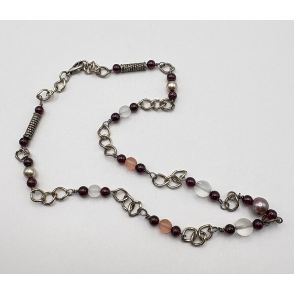 Silver Tone Beaded Chain Necklace Purple Pink Accents Boho - Picture 5 of 7